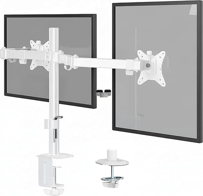 Mount-It Dual Monitor Arm for Desk, Full Motion Steel Mount 17-32 Inch | Holds up to 19.8 lbs per Arm, VESA 75x75 100x100, C-Clamp and Grommet Base, Cable Management, Height Adjustable, White