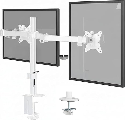 Mount-It Dual Monitor Arm for Desk, Full Motion Steel Mount 17-32 Inch | Holds up to 19.8 lbs per Arm, VESA 75x75 100x100, C-Clamp and Grommet Base, Cable Management, Height Adjustable, White