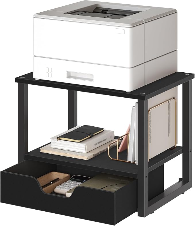 YATINEY Desktop Printer Stand, 2-Tier Printer Table with Non-Woven Drawer, Multi-Purpose Desk Organizer for Home Office, Under Desk Open Organizer Shelf, Black PS01BB