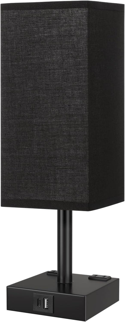 Touch Bedside Table Lamp for Nightstand - 3-Way Dimmable Night Lamp with USB A + Type C Charging Ports and Two AC Outlets, Small Desk Light with E26 LED Bulb for Bedroom Living Room Dorm Office,Black