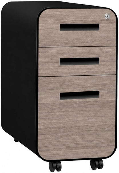Laura Davidson Furniture Stockpile Slim 3-Drawer Mobile File Cabinet with Lock - Under Desk Metal Filing Cabinet, Legal/Letter File Folders, Wheels & Stationary Feet, Assembled, Black/Wood Faceplate