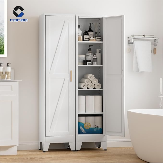 COFaR 67'' Tall Slim Bathroom Storage Cabinet, Metal Narrow Pantry Cabinet with 4 Adjustable Shelves and One Door, Skinny Cabinet Storage for Kitchen Laundry, White Farmhouse 5 Tiers