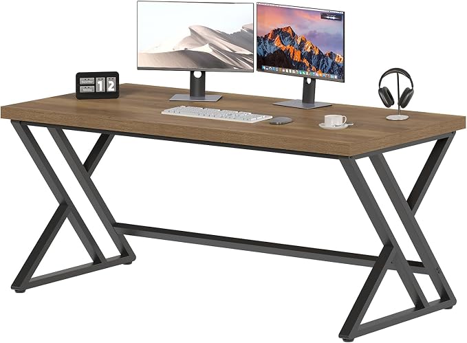 LVB Long Computer Desk, Big Industrial Home Office Desk, Large Metal Wood Writing Study Computer Table for Bedroom, Modern Executive Simple Gaming Work Desk for Student, Rustic Oak, 60 in