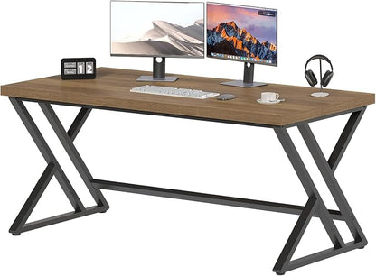 LVB Long Computer Desk, Big Industrial Home Office Desk, Large Metal Wood Writing Study Computer Table for Bedroom, Modern Executive Simple Gaming Work Desk for Student, Rustic Oak, 60 in