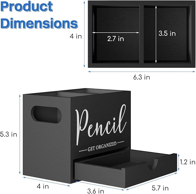Pencil Pen Holder for Desk, Wooden Marker Holder with Drawer, 2 Slots Dual-Purpose Desk Organizers Art Supplies for Home, Office (Black)