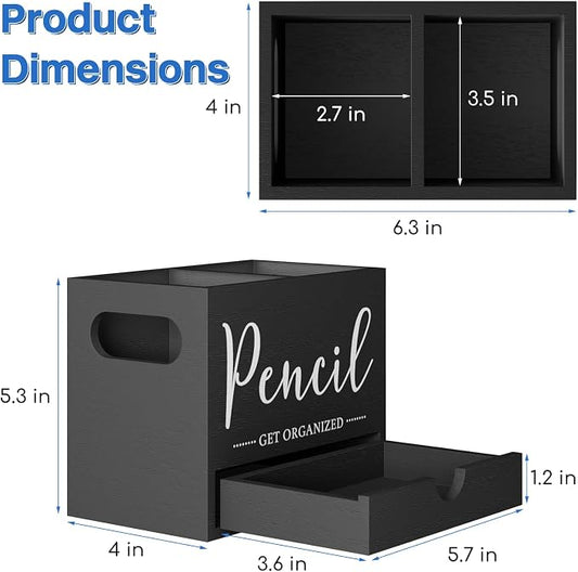 Pencil Pen Holder for Desk, Wooden Marker Holder with Drawer, 2 Slots Dual-Purpose Desk Organizers Art Supplies for Home, Office (Black)