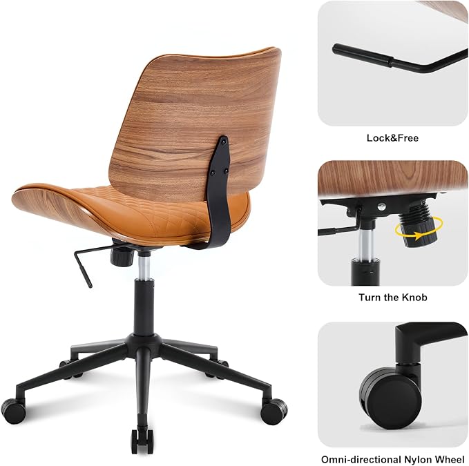 BV Mid Century Office Chair, Armless Small Desk Chair with Bentwood Back and Wheels, Swivel Task Chair for Compact Spaces, Faux Leather Upholstery, No Arms Mid Back Design, Brown