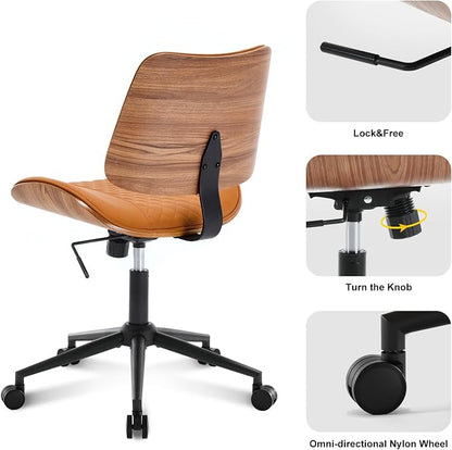 BV Mid Century Office Chair, Armless Small Desk Chair with Bentwood Back and Wheels, Swivel Task Chair for Compact Spaces, Faux Leather Upholstery, No Arms Mid Back Design, Brown
