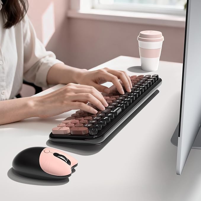 Wireless Keyboard and Mouse Combo, Meidosa 2.4GHz Colorful Full-Size Retro Typewriter Keyboard with Cat Shape 3 Level Adjustable Optical Mouse for PC/Desktop/Laptop/Windows (Black Berry)