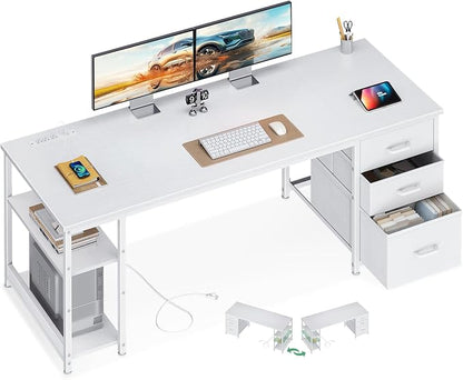 AODK 63 Inch Computer Desk with Drawers & USB Power Outlets, Reversible Home Office Desk with Storage Shelves, Work from Home, Modern Work/Writing/Study Table for Bedroom, White