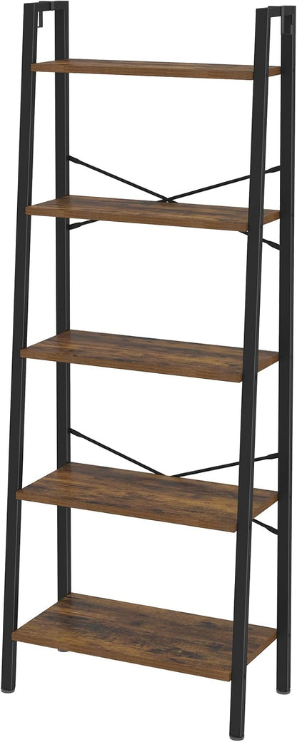 Hzuaneri Ladder Shelf, Bookshelf Bookcase, Freestanding Corner Storage Shelve with 2 Hooks for Home Office, Living Room, Kitchen, Bedroom, Industrial, 11.8" D x 23.6" W x 63" H, Rustic Brown BC19301B