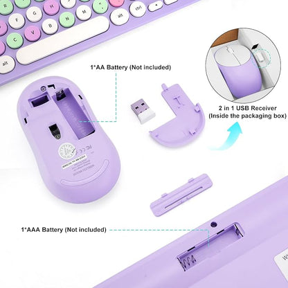 Wireless Keyboard and Mouse Combo, Retro Typewriter Keyboard with Round Keycaps, 2.4GHz USB Cute Wireless Keyboard Mouse for Computer, Desktop, Laptop (Purple Colorful)