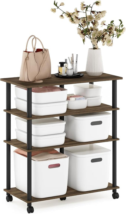 Furinno Helena 4-Tier Multifunction Rolling Open Shelves Storage Cart Organizer, Columbia Walnut/Black