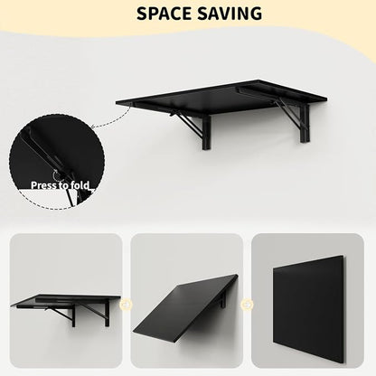 GOYLSER Wall Mounted Table Fold Down Workbench Length 25" Width 15.7", Laundry Floating Desk for the Garage/Shed/Office/Bar/Home Kitchen & Dining Room, Black