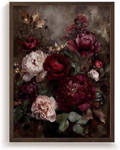 Framed Vintage Dark Floral Wall Art, Moody Burgundy Peony Canvas Wall Decor Picture, Retro Rustic Botanical Still Life Painting for Living Room Bedroom Bathroom 12x16 Inch