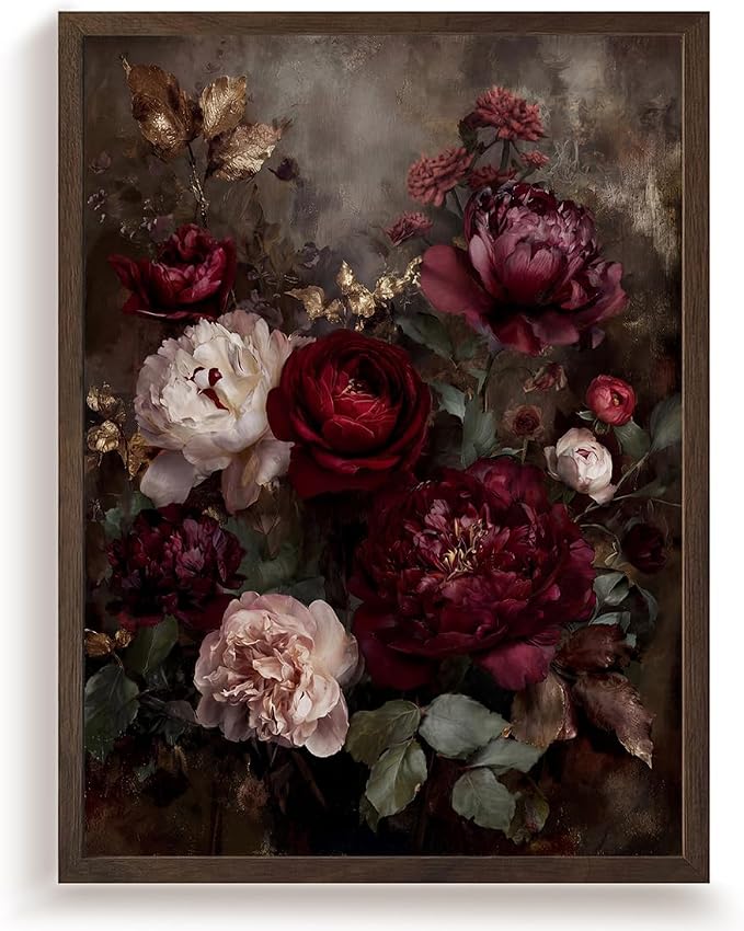 Framed Vintage Dark Floral Wall Art, Moody Burgundy Peony Canvas Wall Decor Picture, Retro Rustic Botanical Still Life Painting for Living Room Bedroom Bathroom 8X10 Inch