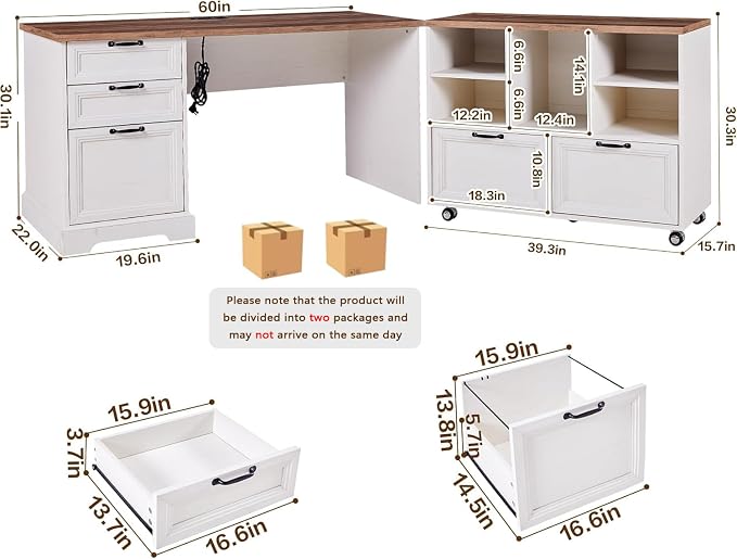 60" Farmhouse Executive Desk and 40" Mobile File Cabinet Combination,L Shaped Executive Desk with Charging Station,Home Office Desk for Office Work,Home Study