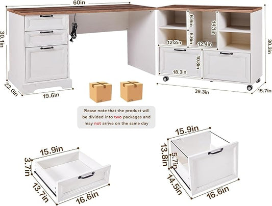 60" Farmhouse Executive Desk and 40" Mobile File Cabinet Combination,L Shaped Executive Desk with Charging Station,Home Office Desk for Office Work,Home Study