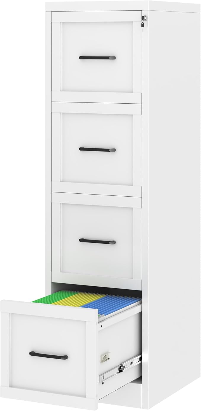 Small Metal 4-Drawer File Cabinet, Under-Desk Filing Cabinet, White | Locking, Adjustable Hanging Rail, Fit A4, FC, Letter, Hanging File Folders for Home Office Storage Organization, 1PS