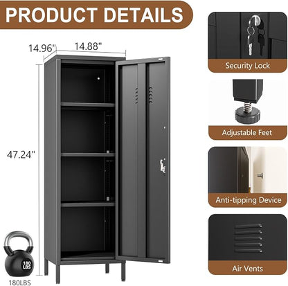pozdeg 47.24" Metal Storage Locker with Lockable, Employees Metal Steel Locker with 1 Door ＆ 3 Adjustable Shelves, Small Locker Storage Cabinets for Home, School, Office, Gym (Black)