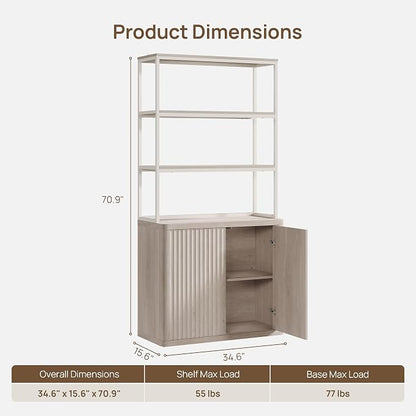 SICOTAS Book Shelf Fluted Bookshelf 71" Tall Bookcase with Doors Storage 5 Tier Mid Century Modern Bookshelves Large Shelves Metal Book Cases for Living Room Office Kitchen Library