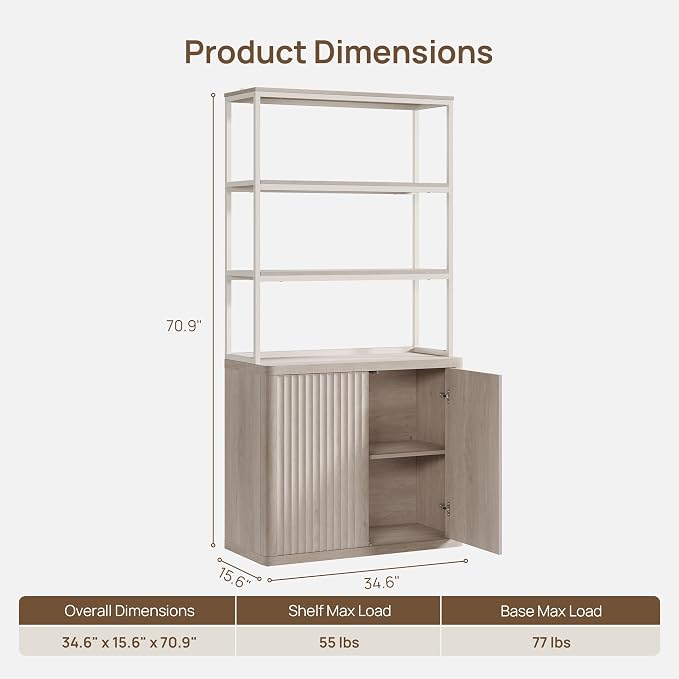 SICOTAS Book Shelf Fluted Bookshelf 71" Tall Bookcase with Doors Storage 5 Tier Mid Century Modern Bookshelves Large Shelves Metal Book Cases for Living Room Office Kitchen Library