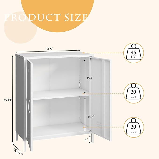 Steehoom Metal Cabinet with 2 Door and Adjustable Shelf, Metal Locker Horizontal White Storage Cabinet for Home, Office, School, Entryway, Garage (White, H35.43'')