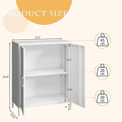 Steehoom Metal Cabinet with 2 Door and Adjustable Shelf, Metal Locker Horizontal White Storage Cabinet for Home, Office, School, Entryway, Garage (White, H35.43'')