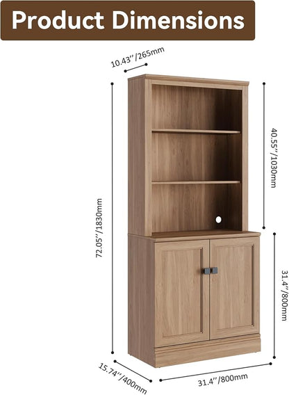 FENSULN 72 in Tall Bookshelf 5 Tiers Bookcase with Adjustable Shelves, Oak Bookcase with Storage Cabinet, Wood Freestanding Display Bookshelves for Home Office,Bedroom, Living Room(Pack 2)