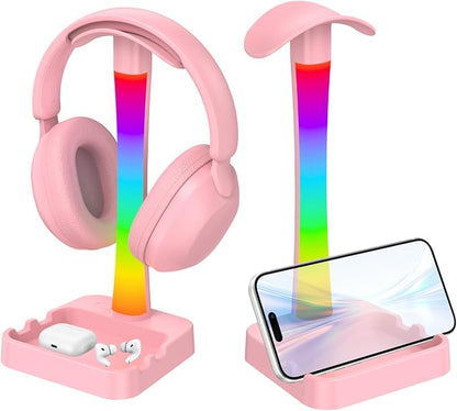Headphone Stand with Charger,Gaming Headset stand with RGB Light Mode,For Airpod Max Stand,Desk Lamp,Phone Holder,Tablet Holder,desktop organizer,Gifts for Gamers & Music Lover (Pink)