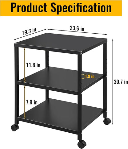3-Tier Under Desk Printer Stand, 30-Inch Deep Large Printer Table with Height-Adjustable Shelf & 4 Lockable Wheels, Space-Saving Organizer for Home & Office