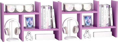 Jerry & Maggie Desktop Organizer Office Storage Rack Adjustable Wood Display Shelf Free Style Double H, Multi-Functional Mini Bookshelf for Desk Natural Stand (Violet/2 Pack)