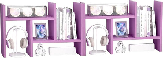 Jerry & Maggie Desktop Organizer Office Storage Rack Adjustable Wood Display Shelf Free Style Double H, Multi-Functional Mini Bookshelf for Desk Natural Stand (Violet/2 Pack)