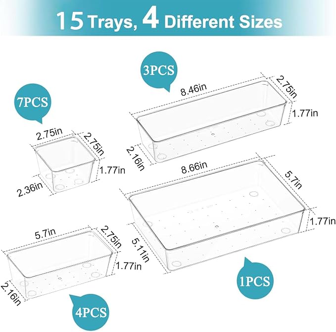 15 Pack Clear Plastic Drawer Organizer Set - 4 Sizes Makeup Vanity Organizer Chest of Drawers Storage Stackable Organizers Bins Divider Box for kitchens, Bedrooms, Bathrooms, Offices, Junk, Gadgets