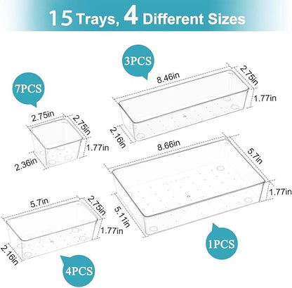 15 Pack Clear Plastic Drawer Organizer Set - 4 Sizes Makeup Vanity Organizer Chest of Drawers Storage Stackable Organizers Bins Divider Box for kitchens, Bedrooms, Bathrooms, Offices, Junk, Gadgets