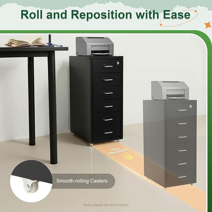 6 Drawer Vertical File Cabinet with Lock, Metal Movable Office Storage Cabinet, Under-Desk File Cabinet with Wheels, for Home Office Use (Black)