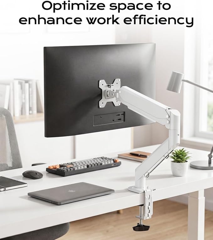 Pholiten Single Monitor Mount, Fully Adjustable Gas Spring Single Monitor Arm for up to 32 inch Screens, Computer Monitor Stand for Desk Holds up to 24lb, VESA 75/100mm, White