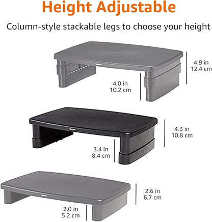 Amazon Basics Height Adjustable Monitor Stand Riser with Storage Organizer, 3-Level Stackable Design, Durable ABS Plastic, Supports up to 22lbs, for Monitors & Laptops, Black
