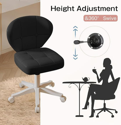 Small Office Chair with Lumbar Support, PU Leather Armless Swivel Desk Chair Adjustable Height, Compact Rolling Chair for Home Office, Bedroom, Study Black Set of 2