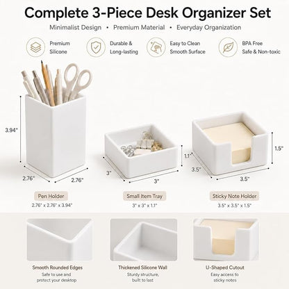 minimaliving Aesthetic Silicone Desk Organizer Set of 3,Modern Office Desk Accessories with Pen Holder,Paperclip Tray,Sticky Note Holder,Stylish Functional Office Desk Decor for Back-to-school(White)
