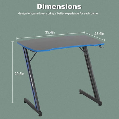 BestOffice Gmaing Desk 35.4in PC Computer Desk, Blue Ergonomic Gaming Table Z Shaped Gaming Workstation with Headphone Hook for Home Office，Blue