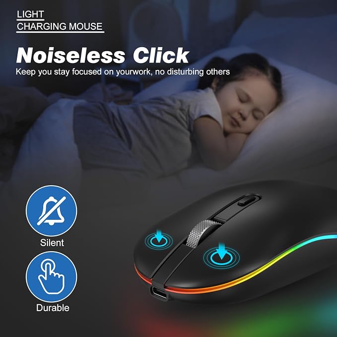 RaceGT LED Wireless Mouse with Type-c Charging Port, 2.4G Rechargeable Slim Silent Mouse with USB & Type-c Receiver, 3 Adjustable DPI for Laptop, Deskbtop, MacBook, PC