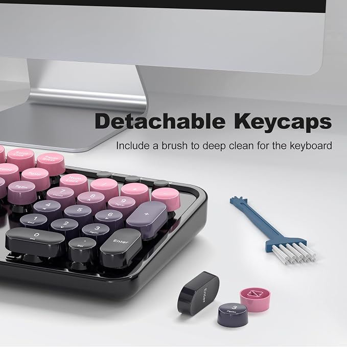 Wireless Keyboard and Mouse Combo, MOWUX Full Size Typewriter Retro Round Computer Keyboard, Cute Optical Mouse Wireless, Plug and Play, for Laptop, PC, Computer- Plum Pink Gradient