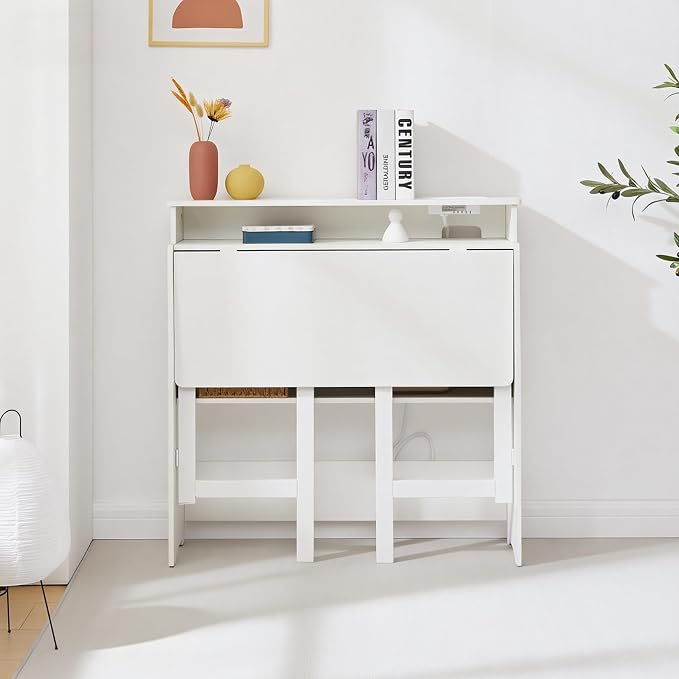Folding Desk with Charging Station,Fold Out Desk with Monitor Stand,Storage Shelf,Small Foldable Computer Desk for Compact Home Office Spaces (White)