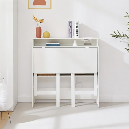 Folding Desk with Charging Station,Fold Out Desk with Monitor Stand,Storage Shelf,Small Foldable Computer Desk for Compact Home Office Spaces (White)