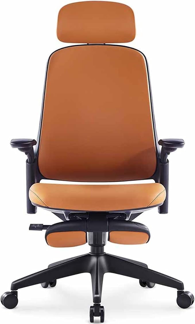 Sunaofe Boss Pro Leather Ergonomic Office Chair with Footrest - Executive Chair, 4D Armrests, Adaptive Lumbar, 125° Recline, 300lb Capacity, 5-Year Warranty Black Frame/Brown