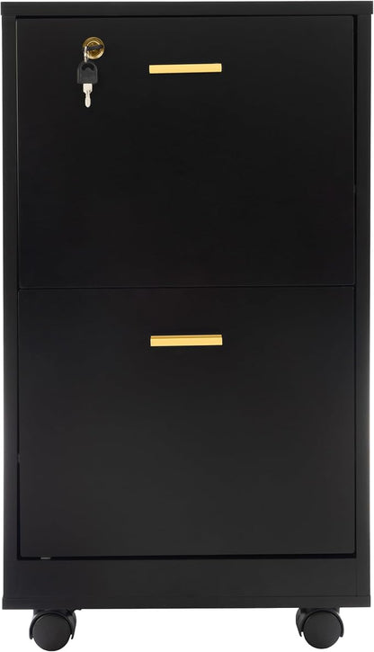 Lavish Home 2 Drawer File Cabinet - Filing Cabinet with Lock - Rolling File Cabinet for Under Desk Storage - Wood Filing Cabinet for Home or Office Organization (Black)
