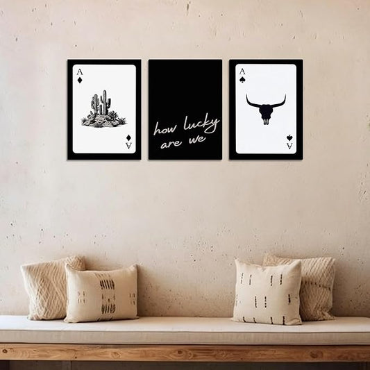 Western Wall Decor Living Room,Southwestern Cowboy How Lucky Are We Wall Art,Longhorn Bull Skull and Playing Card Canvas Painting Pictures for Bedroom Bathroom Office,12x16in,Framed