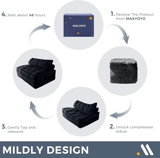 MAXYOYO Folding Sofa Bed, Convertible Chair with Pillow Foldable Couch with Back Support, Portable Fold Out Chair Bed Comfy Floor Sofa Lounge for Living Room Bedroom, Black Double