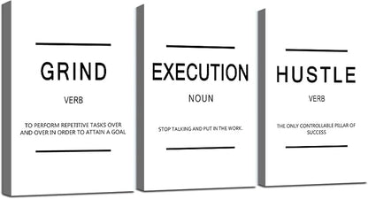 Framed Canvas Wall Art Success Quote - Office Wall Art, White Large Poster, Positive Motivational Set of 3 Prints, Execute Grand Hustle Poster, Inspirational Print (C-3pcs,20x30inchx3pcs)